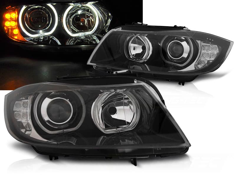 Predné svetlá BMW E90 / E91 05-11 Angel Eyes LED smerovka Black