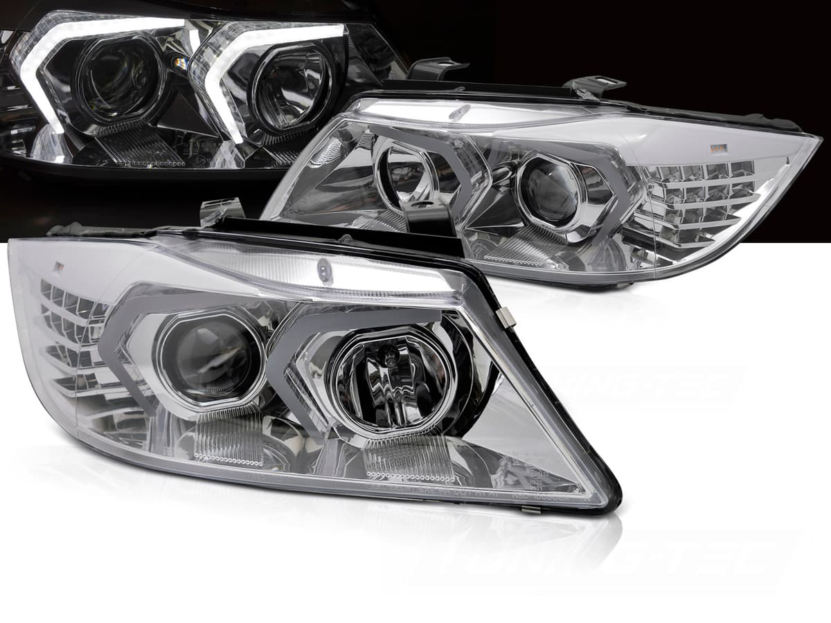 Predné svetlá BMW E90 E91 05-08 Angel Eyes Chrome