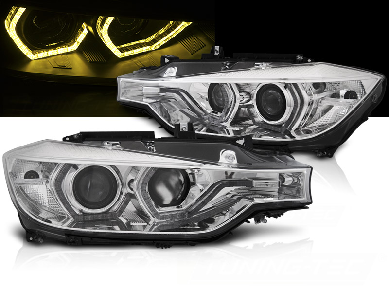 Predné svetlá BMW F30 F31 11-15 Angel Eyes Chrome Yellow