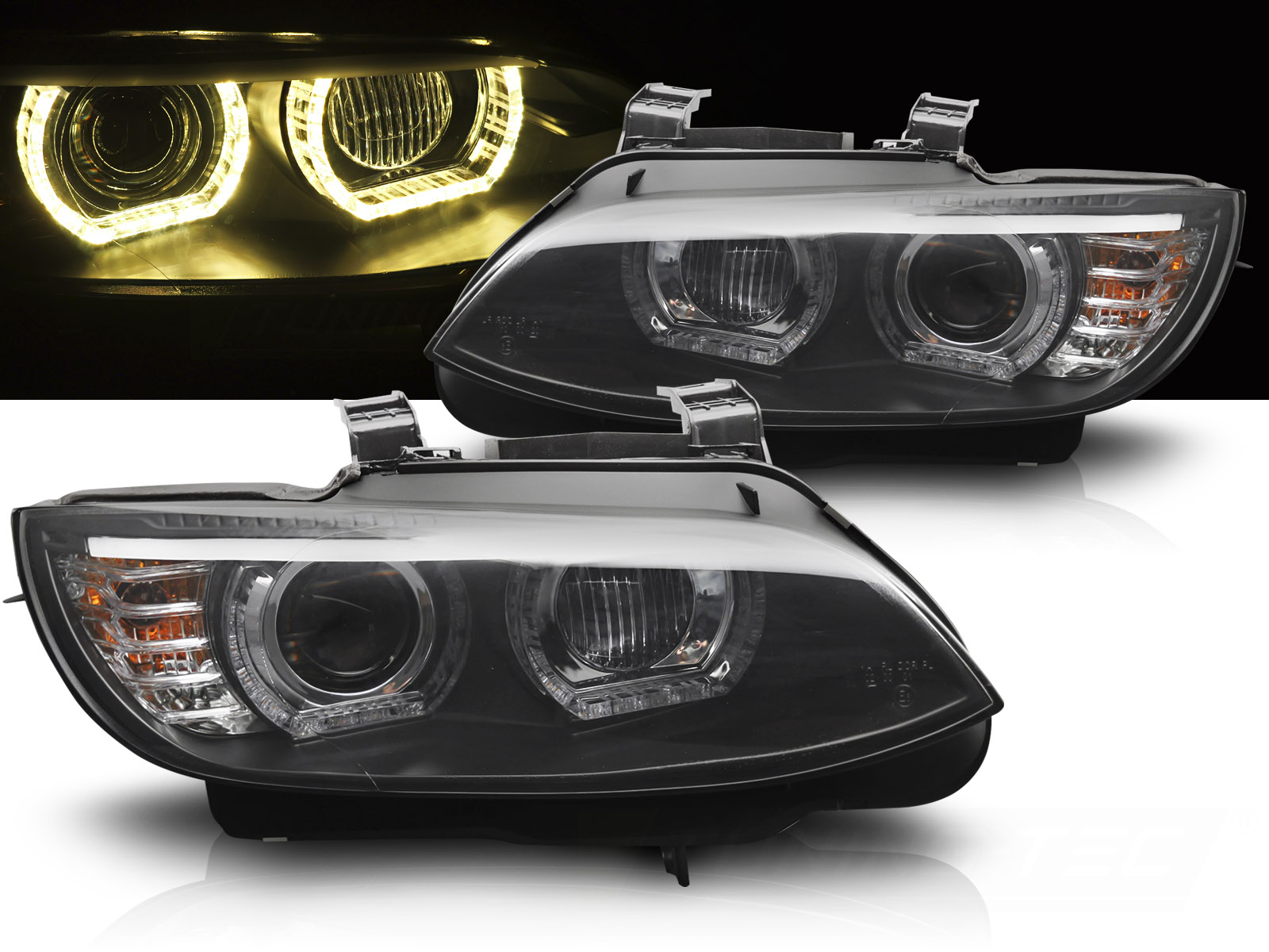 Predné svetlá BMW E92 E93 LCI 10-13 Xenón Angel Eyes Black Yellow