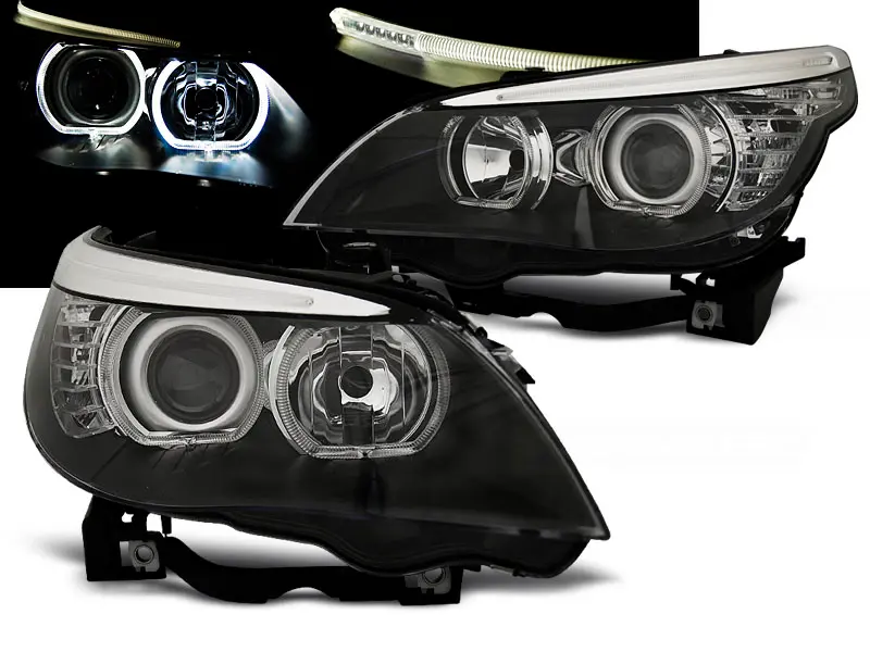 Headlights BMW E60 E61 Halogen Angel Eyes Black