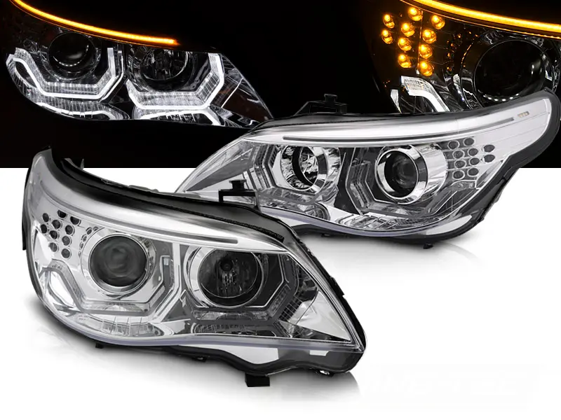 Headlights BMW E60 E61 03-07 3D Angel Eyes Chrome