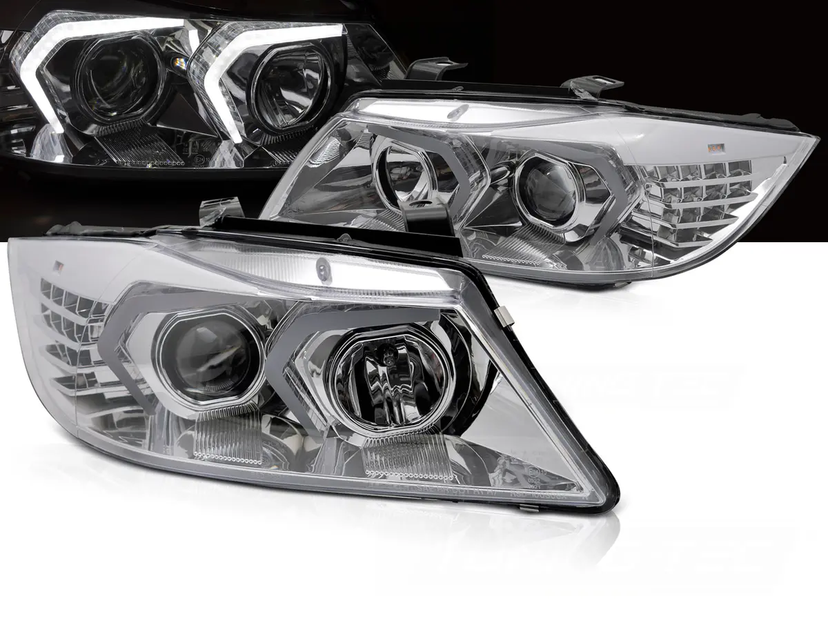 Headlights BMW E90 E91 05-08 Angel Eyes Chrome