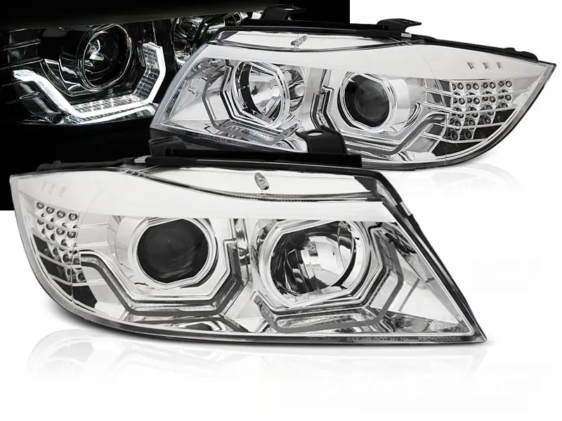 Headlights BMW E90 / E91 05-08 Angel Eyes 3D LED Chrome
